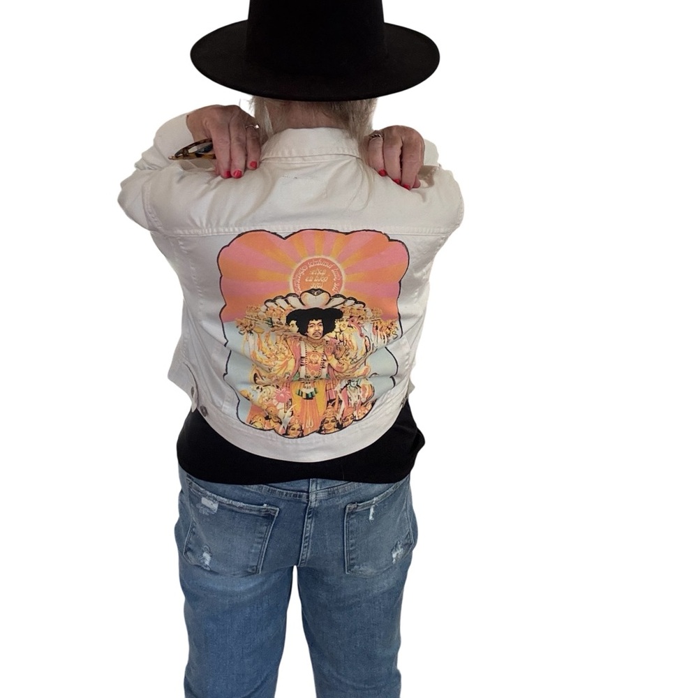 Upcycle White Denim Jacket with Jimi Hendrix Graphic